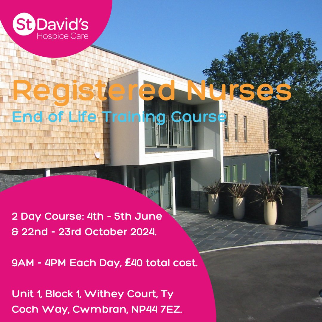 SDFHC's tweet photo. We are offering Registered Nurses a chance to gain further training with our upcoming ‘End of Life Training’ course in June.
Book here to secure your place: Enquiries@stdavidshospicecare.org
#StDavidsHospiceCare #SDHC #LearningatWorkWeek #LearningCourses https://t.co/UaT06jH4iG