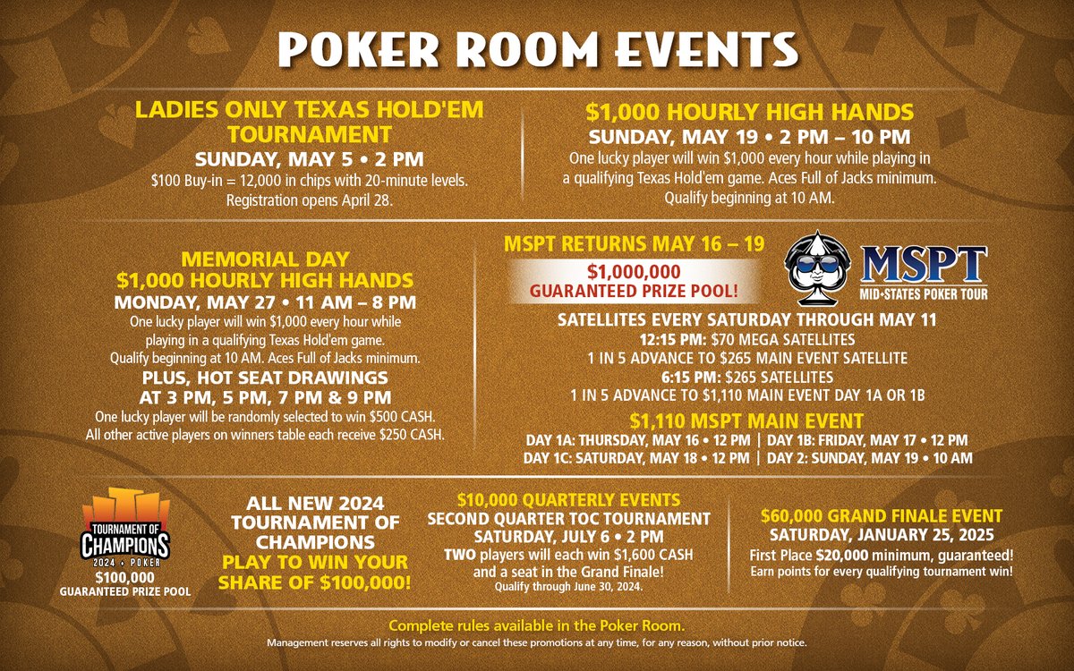 Get your game face on - TODAY is the final day of the MSPT at FireKeepers Casino! ♠️♥️ Plus, don't miss out on $1,000 Hourly High Hands happening today! And mark your calendars for Memorial Day, May 27th, when we'll have another round of $1,000 Hourly High Hands! 💰🔥 #FKCHPoker