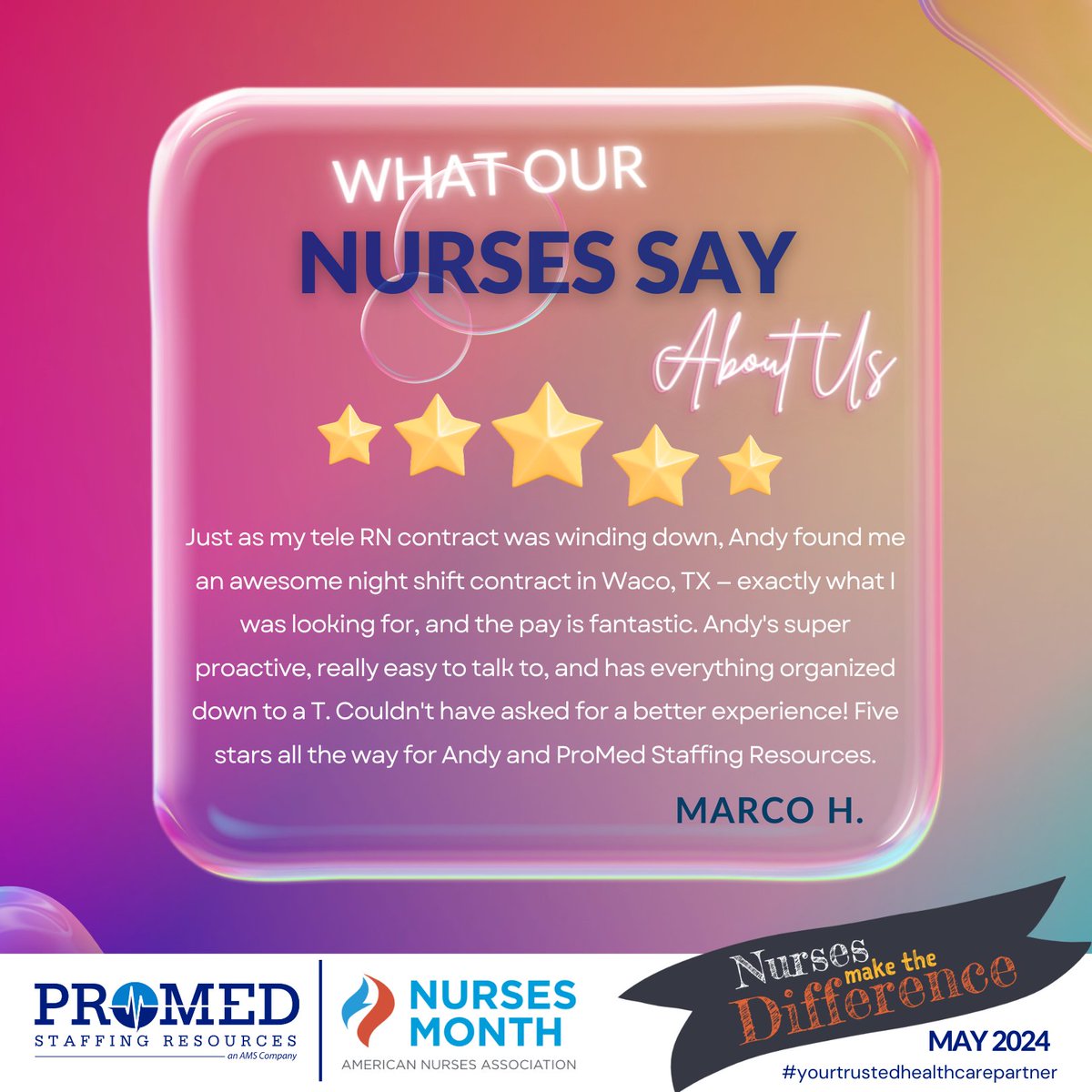 Thank you so much for your incredible #review, Marco! We're thrilled to hear about your positive #experience with Andy. Looking forward to continuing to support your #career. 

#googlereview #clientsatisfaction #weareheretohelp #bestreviews #greatplacetowork #GPTW #promedsr