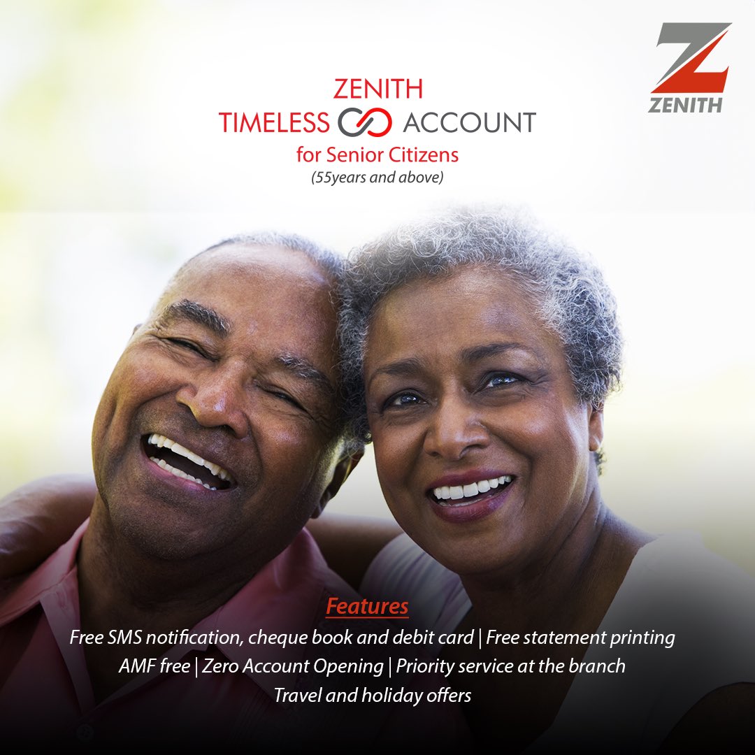 Senior Citizens can now open Timeless Accounts and enjoy zero account charges! Simply dial *966*0# from your mobile phone or walk into any Zenith Bank Branch to open one today! #TimelessAccount #ZeroBankCharges #ZenithBank