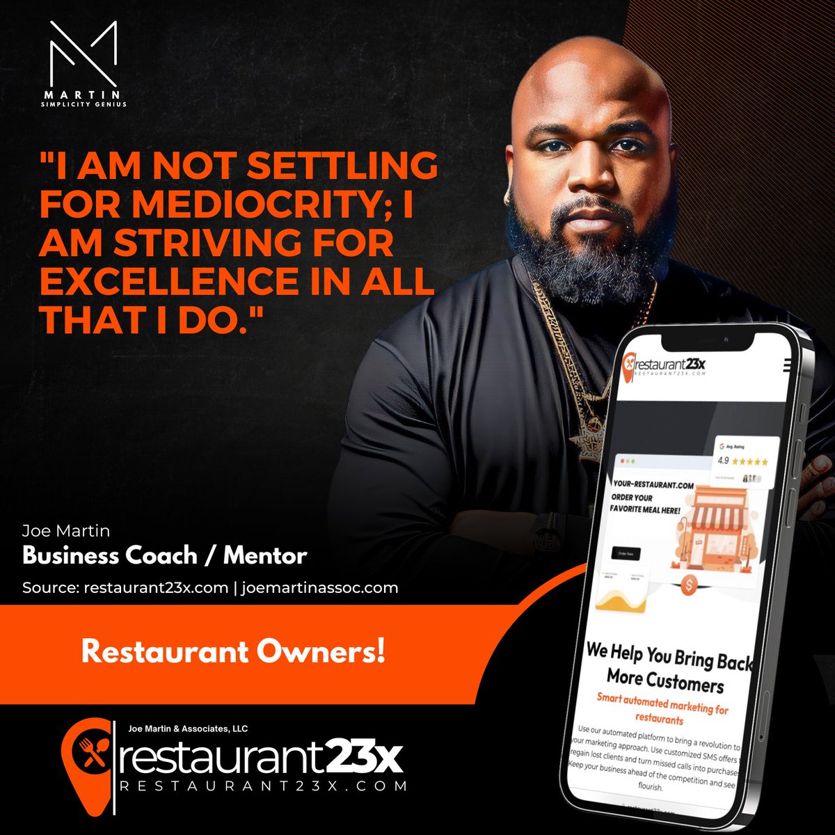 'Mediocrity has no place in my journey. 🌟 I'm committed to raising the bar and achieving excellence in every endeavor. #Restaurant23X #BusinessOwners #Entrepreneurs #Coach #Mentor #StriveForExcellence #NoMediocrity'