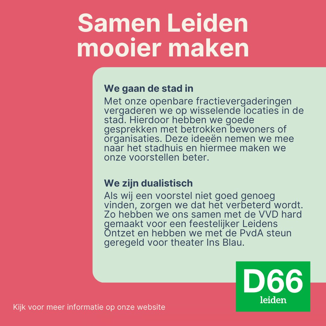 Samen Leiden mooier maken. 🙌

Twee jaar geleden waren de gemeenteraadsverkiezingen. Wij zijn sindsdien voor u aan de slag gegaan. Maar een stad bestuur je niet alleen. Wij praten niet alleen over Leiden maar ook met Leiden. Lees het volledige artikel via d66.nl/leiden/samen/n…