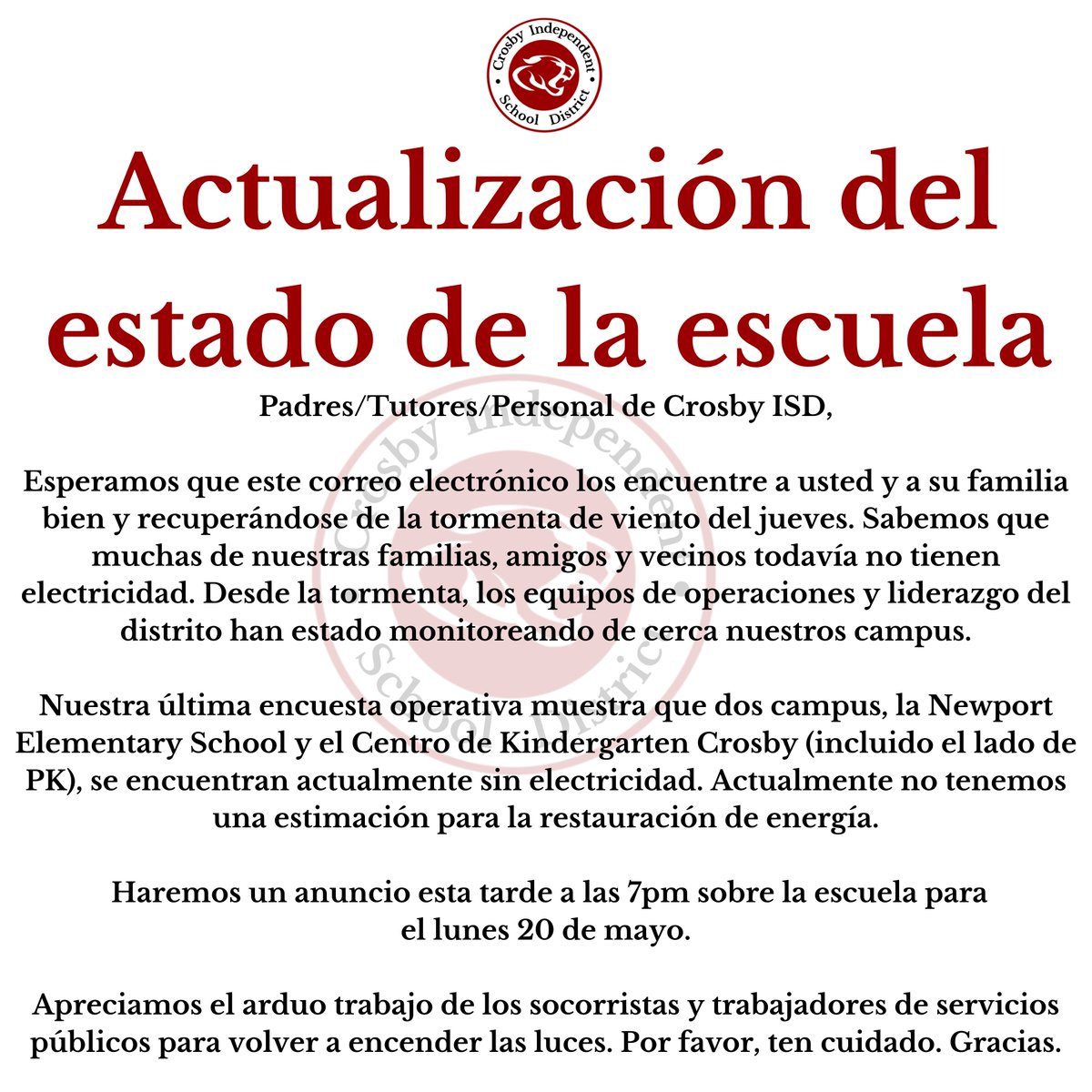 ACTUALIZACIÓN DEL ESTADO ESCOLAR A LAS 9AM 5/19