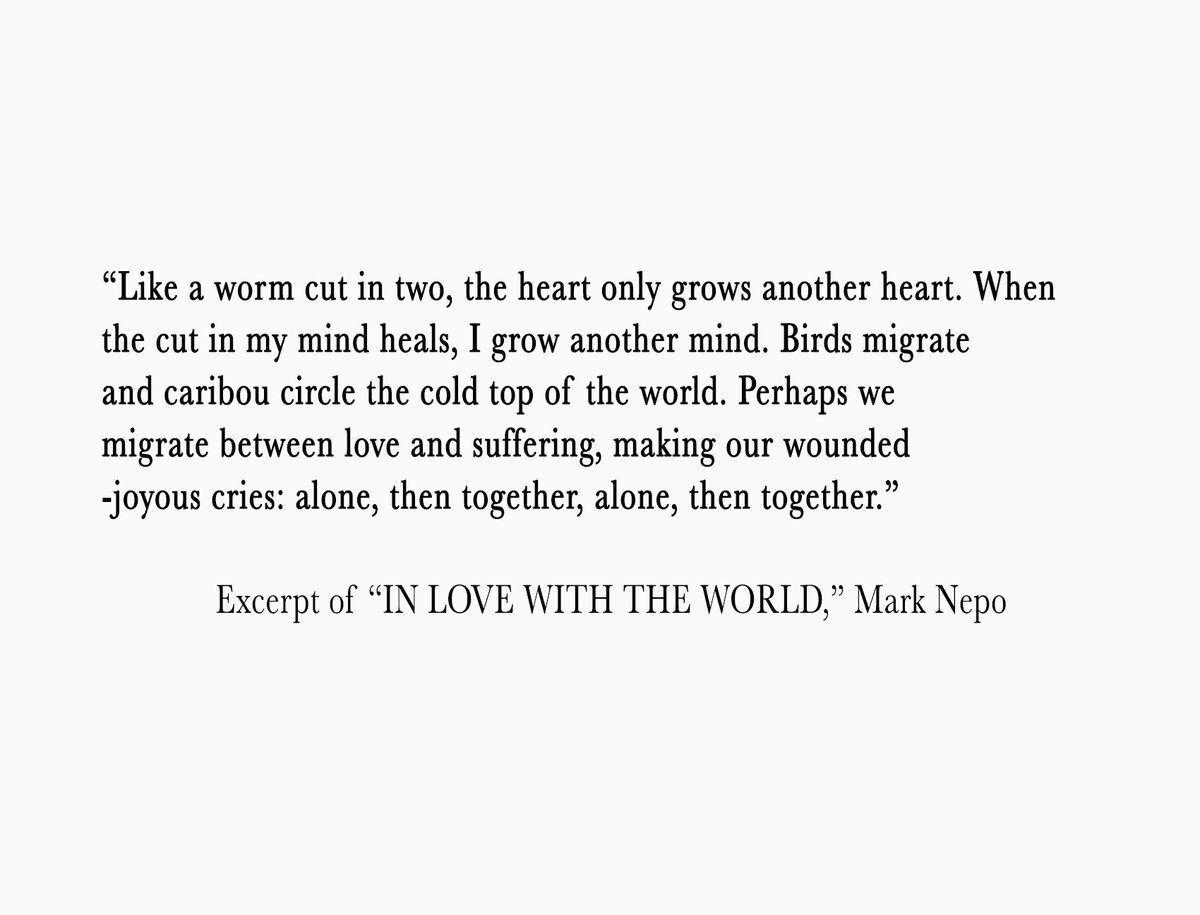 rblancopoet's tweet photo. Picking up #StanzaSunday with an excerpt by Mark Nepo. As the inconceivable horrors of war intensify, I must believe in the tenacity of love; this moment demands we love ferociously. Let us know that, "like a worm cut in two, the heart only grows another heart." https://t.co/Y4k1xUNK5i