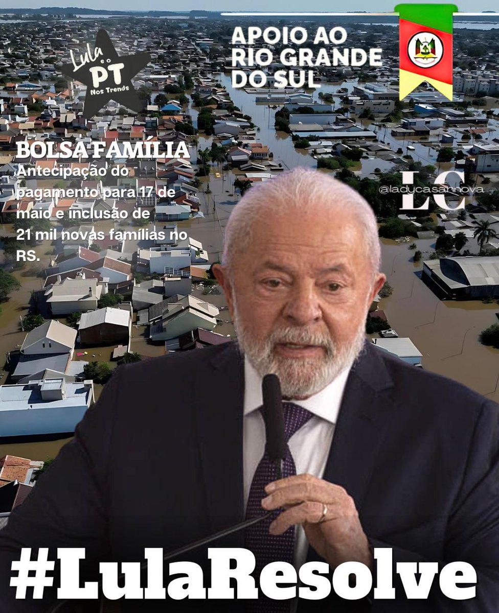 @SilviaPT13 @LulaOficial @ptbrasil @parasamuel Dia amiga @SilviaPT13 ! Bora levar, mais uma vez, Lula e o PT para os Trends do ❌ ! 💥Lula 💥 Resolve _ Bolsa Família antecipada e inclusão de 21 mil novas famílias no RS! Usem as hashtags:👇🏻 *#JustiçaParaAposentados* ⚖️ *#LulaResolve*