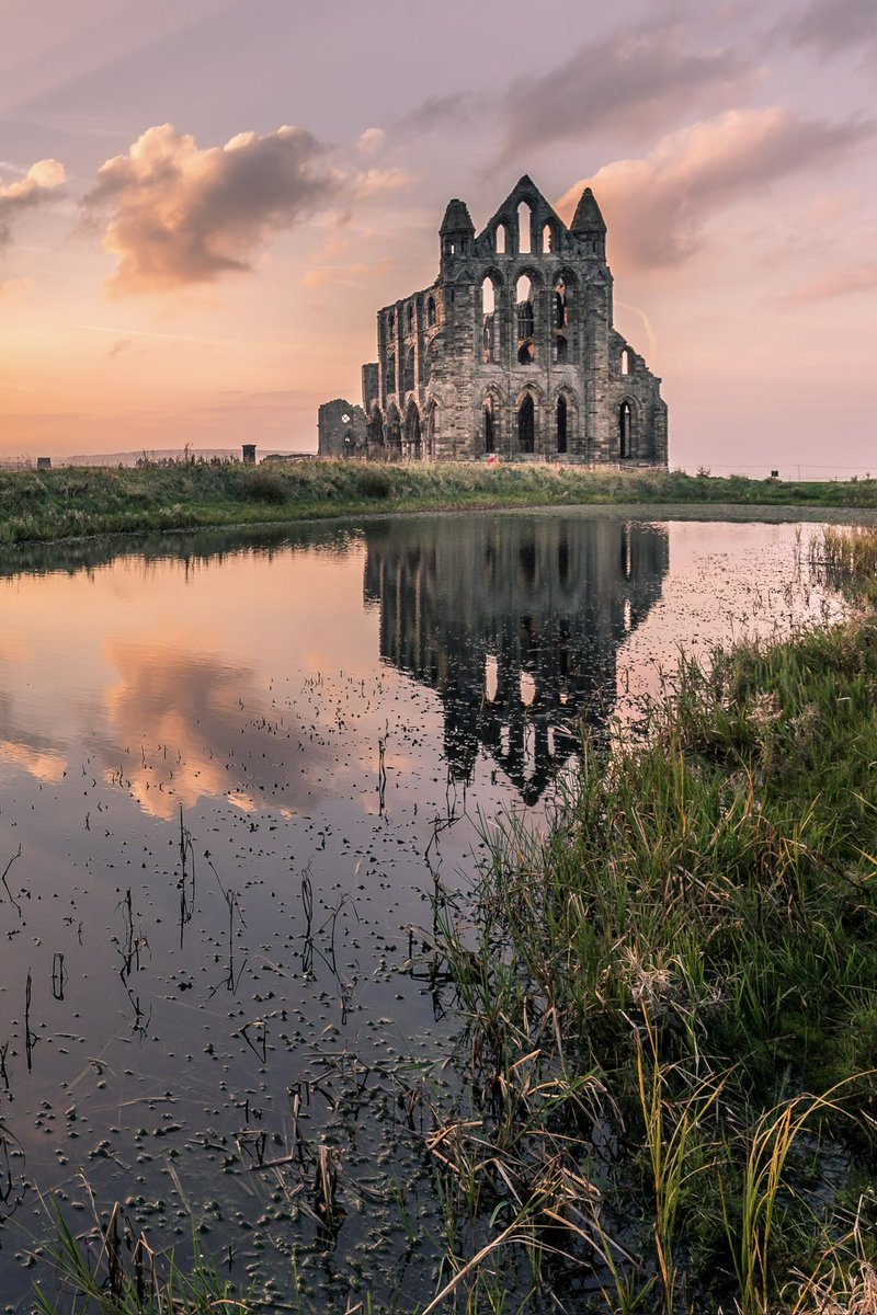 Whitby abbey at sunset.