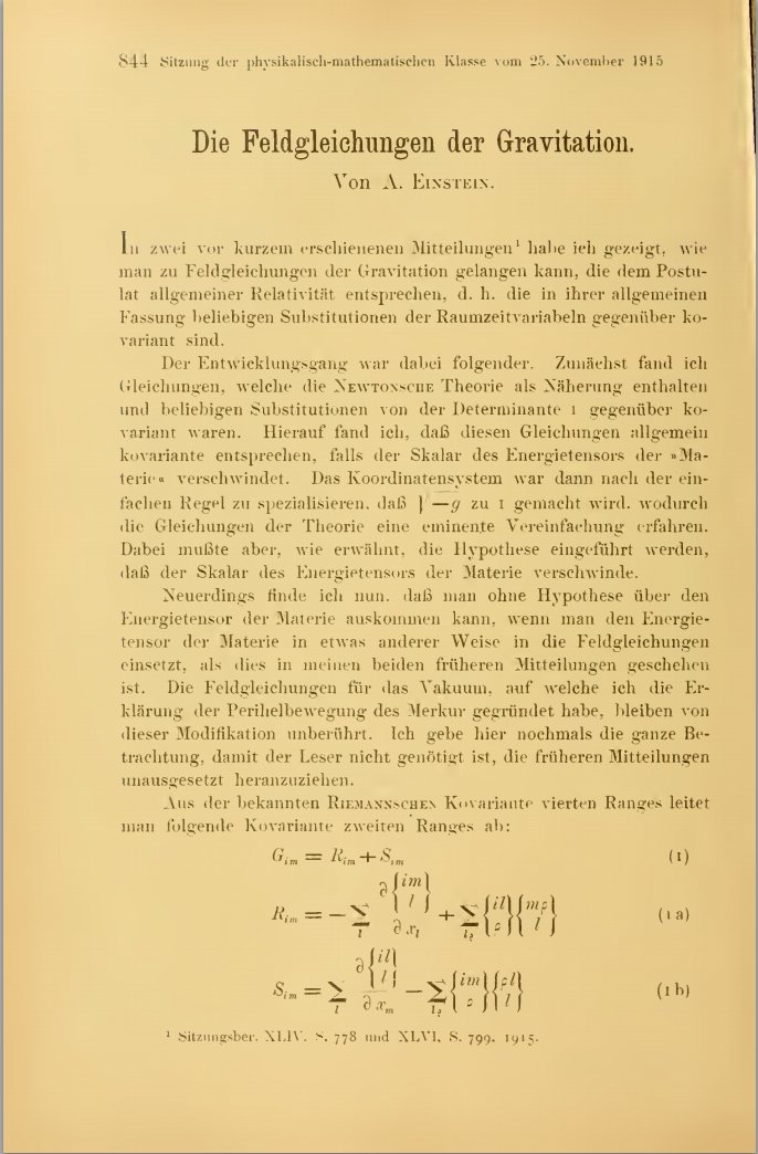 Einstein's general relativity paper published on November 25, 1915 titled (translated) 'The field equations of gravitation.' Courtesy of Proceedings of the Royal Prussian Academy of Sciences.