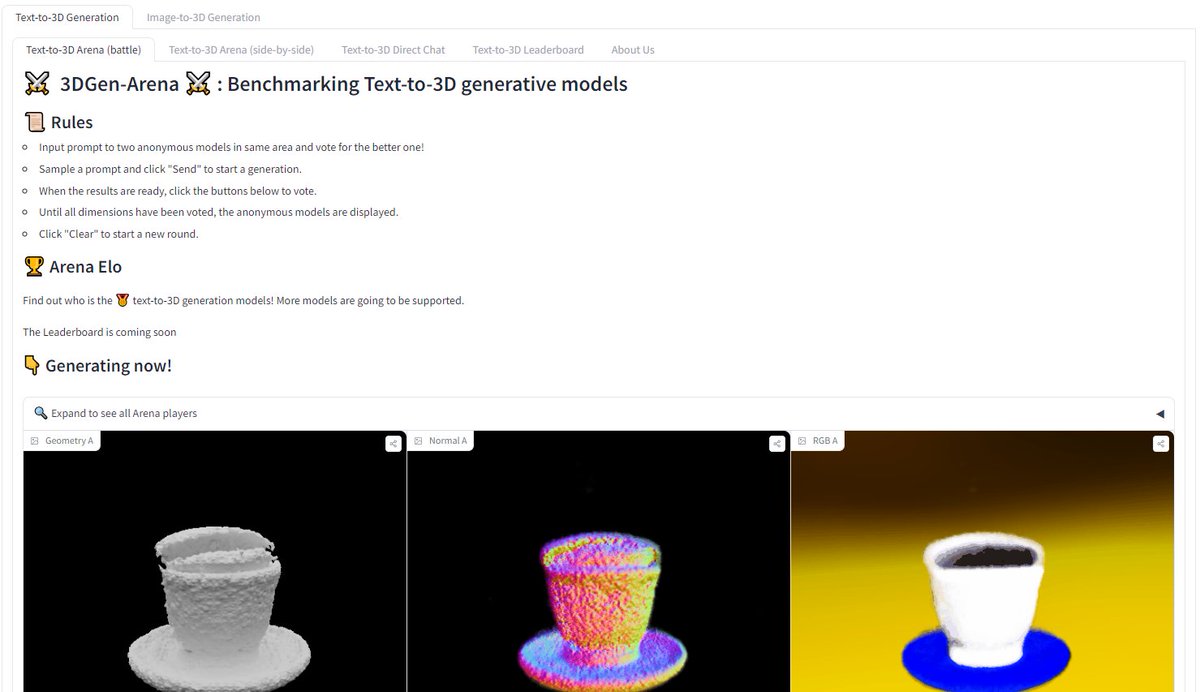 🤩3D Generation Arena🤩 Lots of 3D generation models come out recently. But which one is preferable from human perception? ** Welcome to play with ~20 #3DGen models in our arena with both text-to-3D and image-to-3D @_akhaliq - 3DGen-Arena @huggingface : huggingface.co/spaces/ZhangYu…