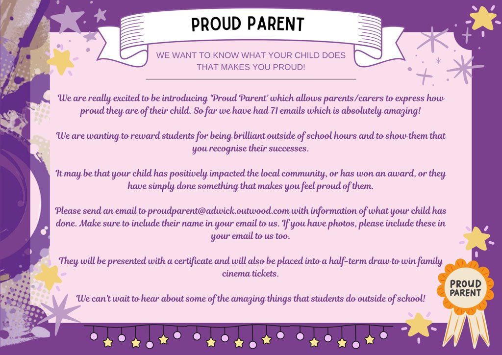 📣Calling all Proud Parents 💜 📧 us at proudparent@adwick.outwood.com 💜 #proudtobepurple #weareadwick