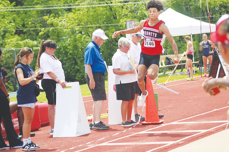 STATE RECORD: Crystal City senior Kanden Bolton, seen here in the triple jump, broke the Class 2 state record in the long jump with a distance of 7.48 meters (24 feet, 6 1/2 inches) at the track and field championships in Jefferson City on Saturday. The previous record was 7.16.