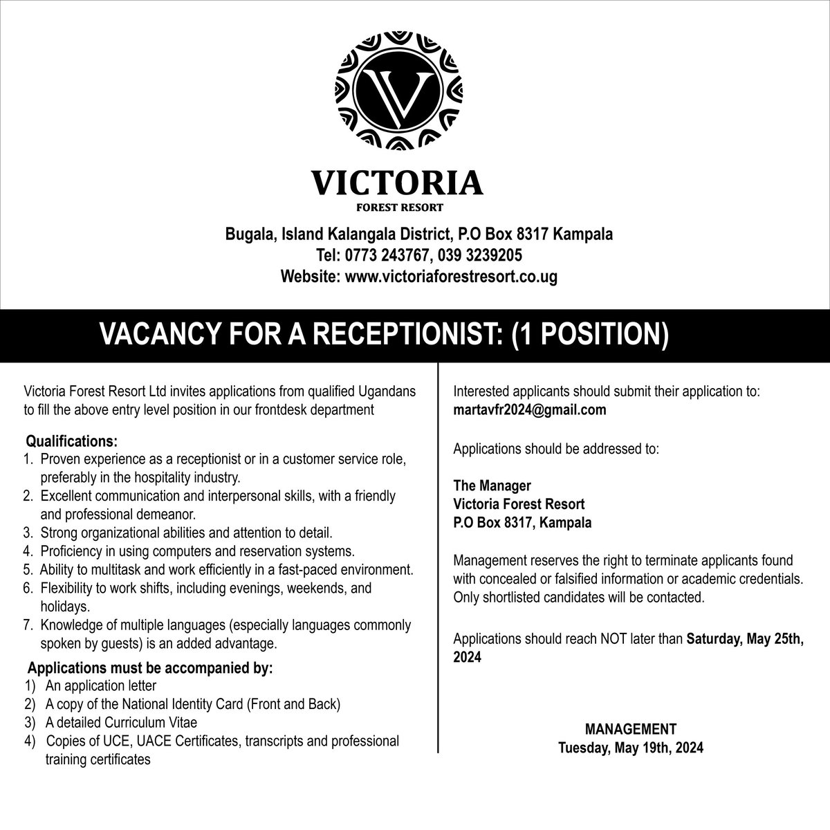 JOB ALERT 🇺🇬: VACANCY FOR A RECEPTIONIST Victoria Forest Resort Ltd invites applications from qualified Ugandans to fill the mentioned position. #jobseekers #jobopportunity #JobAlert #VFR #VictoriaForestResort #Uganda #careers #receptionist #Kalangala #careerdevelopment