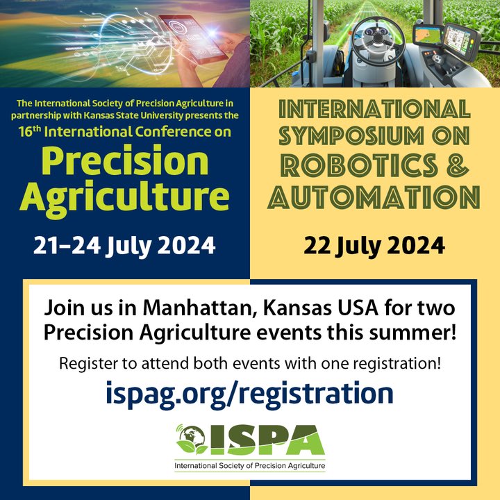 Are you conducting research on #robotics & #automation applied to #agriculture or want to learn how to incorporate those to your farm? REGISTER to attend the 16th Int. Conference of #precisionag and the Int. Robotics symposium. July 21-24. ispag.org/Events/R_A_Sym….