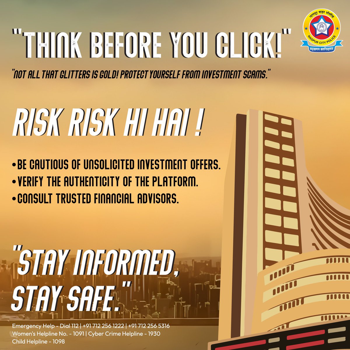 Stay vigilant against investment scams! 🚨 Always verify the platform, be cautious of unsolicited offers, and consult trusted financial advisors. Protect your hard-earned money. #ThinkBeforeYouClick #InvestmentScams #StaySafe #CyberSafety #NagpurPolice #ravindersingal