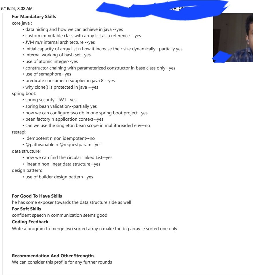 Java springboot  and multithreading  profile REAL Interview Report 👇

Candidate  total experience is 5.6 years . But just 2+ years in Java and rest in Javascript and wish to continue in Java only.

Panel has 10 years of experience in Java .