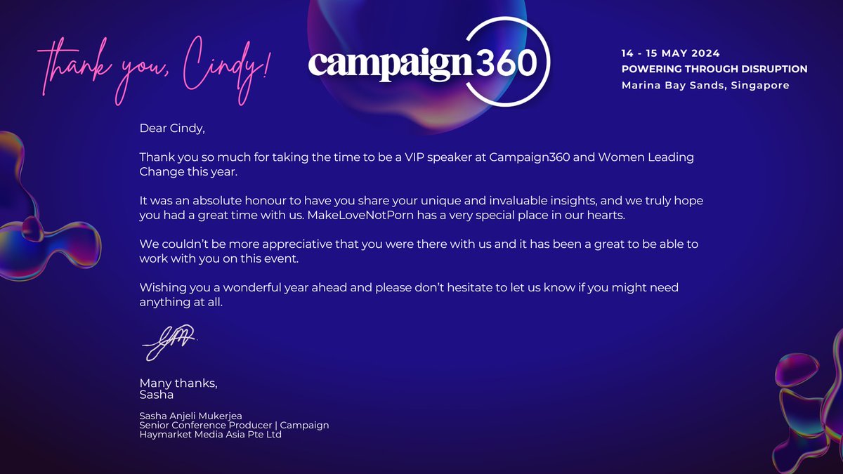Thank YOU, @CampaignAsia ! I had a wonderful time in Singapore at #Campaign360 - I could not be more grateful for my warm welcome from Sasha Anjeli Mukerjee and the entire Campaign Asia-Pacific team, the amazing reception by the #Campaign360 audience and the many lovely messages