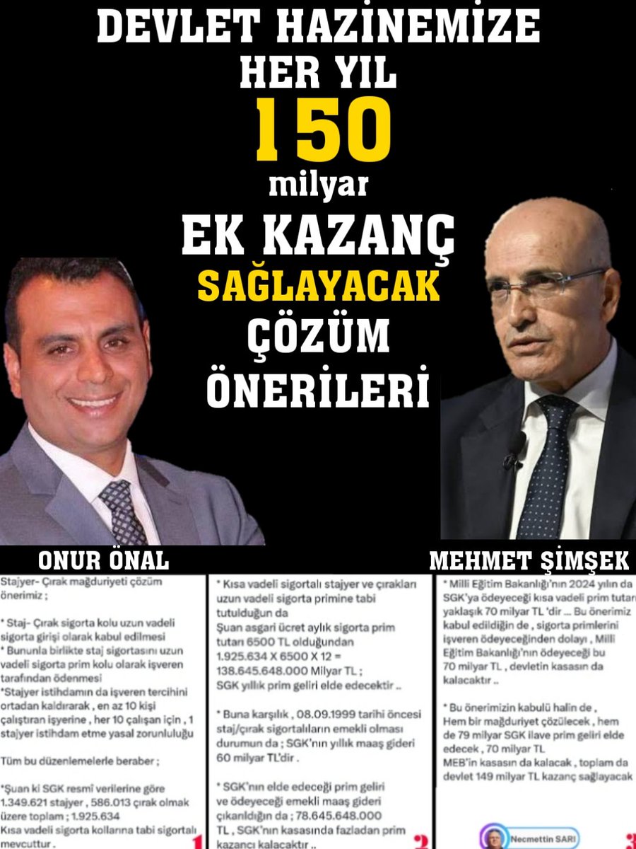 🔴 KAMUDA ORTA VADE TASARRUF TEDBİRLERİ KAPSAMINDA 🔴STAJ/ÇIRAK MAĞDURİYETİ ÇÖZÜCÜ 🔴DEVLET HAZİNEMİZE HER YIL 149 MİLYAR TL EK KAZANÇ SAĞLAYICI 🔴500 BİN EMEKLİNİN MAAŞINI KARŞILAYICI 🔴ARA ELEMAN SORUNUNU ÇÖZÜCÜ ÇÖZÜM ÖNERİMİZ‼️ @isikhanvedat @memetsimsek #Çöz3308iAl149Milyarı