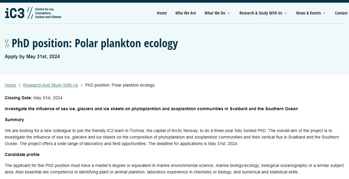 PhD position with our polar research center:

=&gt; fully funded
=&gt; less than two weeks left to apply

"Investigate the influence of sea ice, glaciers and ice sheets on phytoplankton and zooplankton communities in Svalbard and the Southern Ocean"

ic3.uit.no/job/phdplankto… #plankton