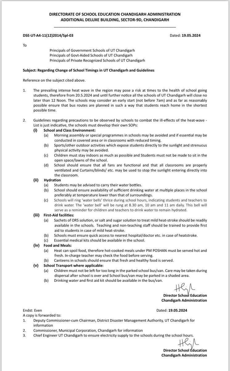 Important Information 
In continuation of instructions regarding 
school timings,  all  Government Schools will follow time schedule from 20/5/24 to 22/5/24 as under: 
For Students 7.30 AM to 12 Noon
For Teachers 7.15 AM to 1.15 PM