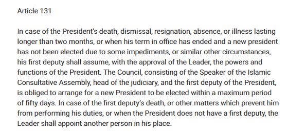 According to Article 131 of #Iran's constitution, in case of the president's death, the first vice president assumes the powers and functions of the president with the approval of the Leader. In this case that would be Mohammad Mokhber (not exactly presidential material). 1/