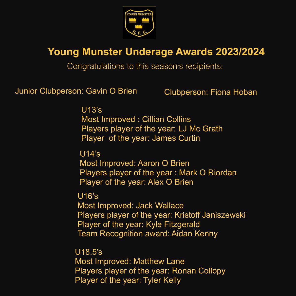 The annual Underage awards took place last night in a packed Tom Clifford Park. Congratulations to all our players, coaches, parents, volunteers & the Underage Committee on what was a cracking season on & off the field, we as a club are extremely proud of what you do! 🍪