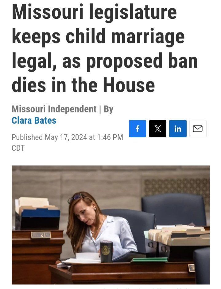 Child marriage will sadly remain legal in Missouri another year after gop lawmakers fought against a bill to ban it.

The gop of Missouri have been fighting to keep child marriage legal in the state claiming that banning child marriage 'infringes on parental rights'.

Earlier