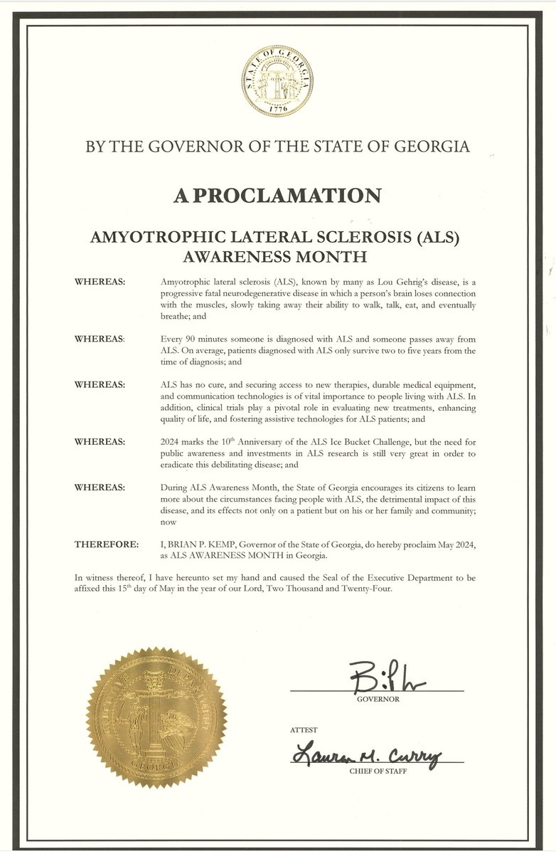 PamsParadeALS's tweet photo. Thank you Governor @BrianKempGA for listening to my Advocacy noise and declaring May ALS Awareness Month in Georgia. We are grateful to you for supporting this cause and helping to raise awareness. @alsassociation @iamalsorg #ALSAwarenessMonth #ALSUnitedGA https://t.co/1Rc3vA8qmT