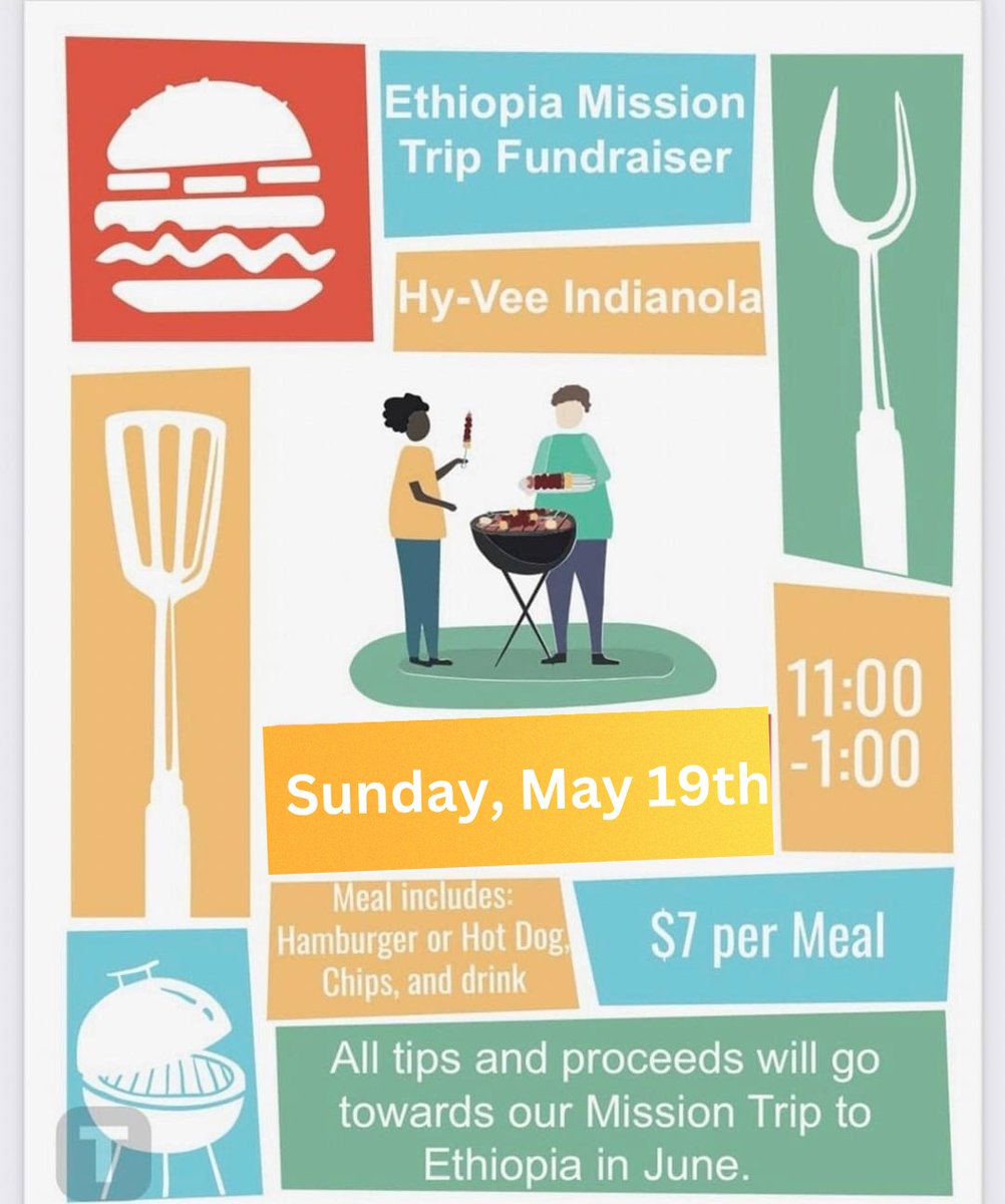 Don’t forget today is the day to come out and support! Come enjoy the beautiful sunshine ☀️ and a delicious lunch all why supporting the Ethiopian mission trip! Available 11-2. #indianolahyvee