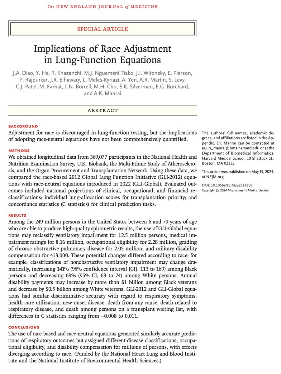 In 2020, @JamesADiao and I began studying race adjustment in lung-function equations. With amazing coauthors, today we published the past years of work in @NEJM, estimating the many clinical, financial, and occupational implications. #ATS2024 Full paper: nejm.org/doi/full/10.10…