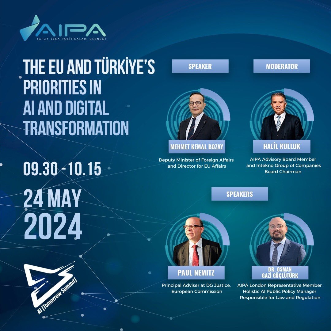 Alanında Türkiye'nin en kapsamlı Avrupa'nın sayılı yapay zeka zirveleriden biri olan AI Tomorrow Summit 2024 “Yapay Zeka Çağında AB ve Türkiye’nin Dijital Dönüşüm Öncelikleri” Oturumuna davetlisiniz! Kayıt için: aitomorrowsummit.com #Gelecekteyiz You are invited to the