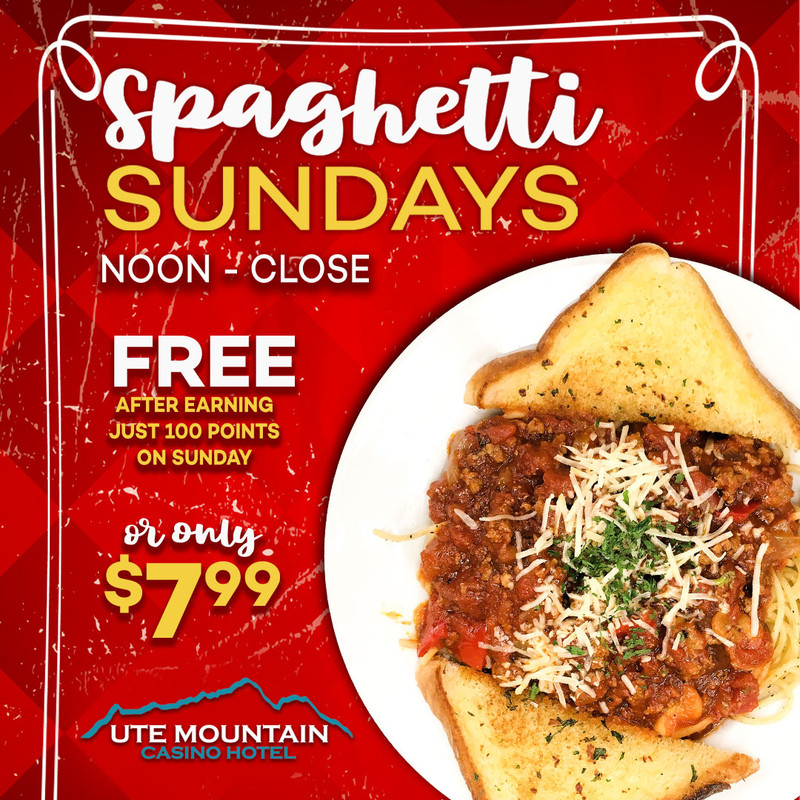 UteMtnCasino's tweet image. 🍝🎉 Calling all pasta lovers! 🎉🍝Get ready to twirl your fork and indulge in a delicious Spaghetti Sunday meal! 🌟 Earn 100 points and treat yourself to a FREE spaghetti dinner on us! 🍽️💯Must be a Mountain Rewards Member to receive the offer. #SpaghettiSunday #Pasta #Food