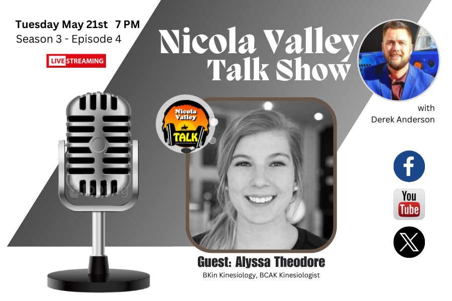 NicolaTourism's tweet photo. Our guest, Alyssa Theodore - BKin Kinesiology, BCAK Kinesiologist and business owner - sits down with your host Derek Anderson of the Nicola Valley Talk Show for Season 3, Episode 4 on Tuesday May 21st at 7 PM. 
***
#nicolavalleytalk #experiencemerritt #merrittmatters https://t.co/RSnkJI5CQd