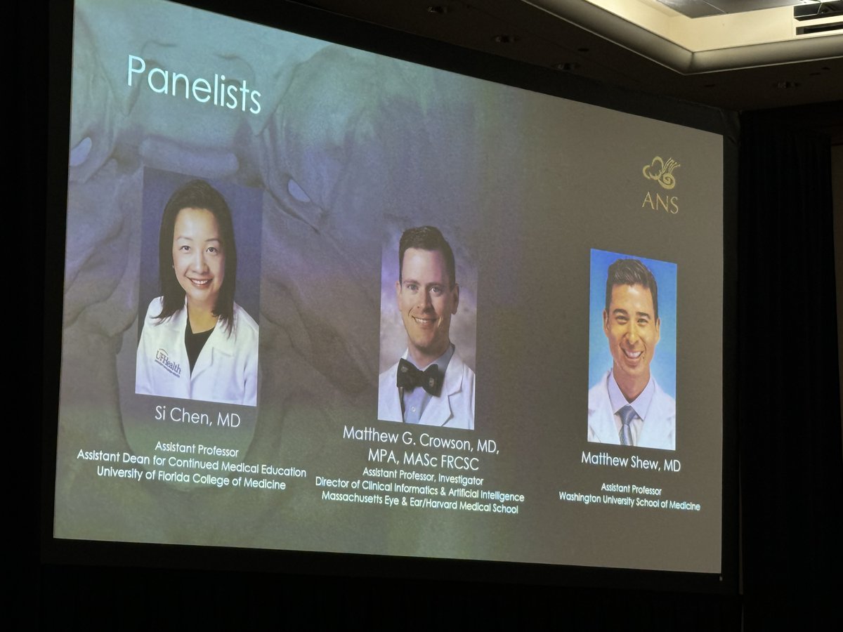 The panel on role of AI-powered tools in neurotology led by Dr. Si Chen @UF_ENT and joined by Dr. Shew @WUSTL_ENT and Dr. Crowson @MassEyeAndEar. #ANS #ANSneurotology #2024COSM @__COSM