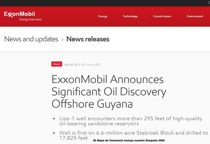 #UnDiaComoHoy #19May 2015 ExxonMobil anunció oficialmente por primera vez el hallazgo de Petróleo en aguas aun por delimitar entre Guyana y Venezuela, en la proyección del Territorio Esequibo #MiMapa