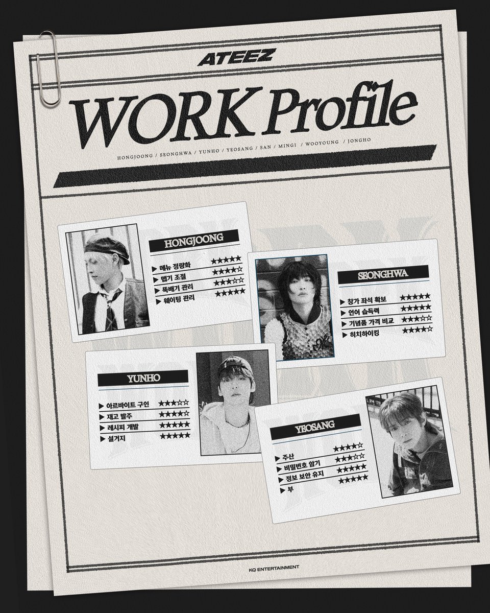 [📷] ATEEZ's WORK Profile for 🎬 ⠀ APPLICANT LIST #1 : #HONGJOONG #홍중 #SEONGHWA #성화 #YUNHO #윤호 #YEOSANG #여상 ⠀ 2024. 05. 31 1PM RELEASE ⠀ #ATEEZ #에이티즈 #GOLDENHOUR #GOLDENHOUR_Part1 #WORK