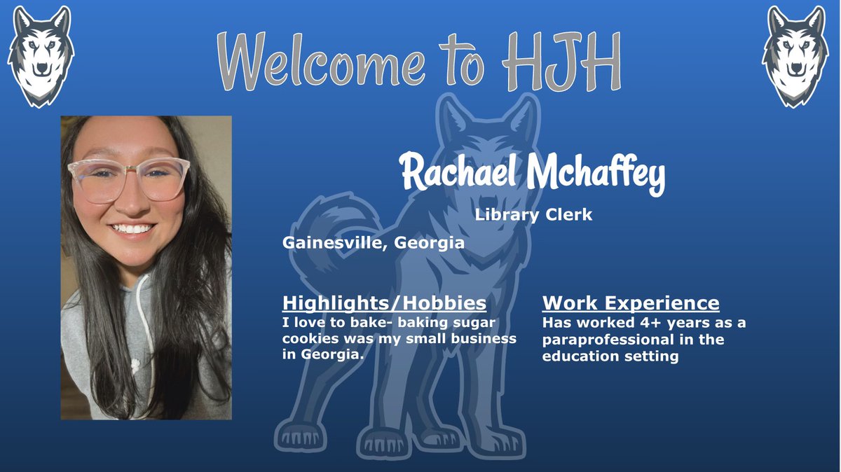 Meet our new library clerk, Ms. Mchaffey!! Welcome to our PACK! 📖📚🐾 @HaskettLibrary