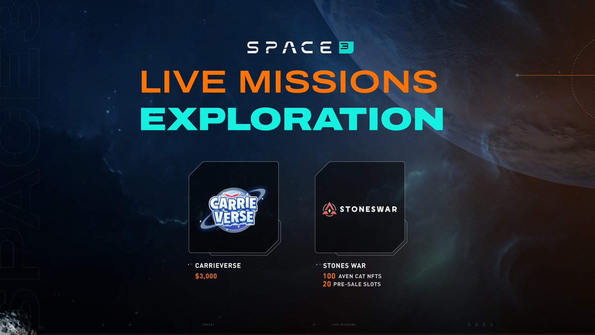 Ongoing missions offer a chance to boost your Space3 profile this week: @CarrieVerse 🎁 Reward: 3,000U @StonesWar_DAO 🎁 Reward: 100 Aven Cat NFTs + 20 $AVEX Presale Slots And don't forget to claim your FREE @BeneCatwiches NFTs and committed $HAIRY tokens 👉