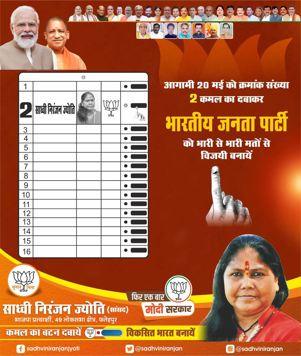 गृह जिले #फतेहपुर के मतदाताओं से अनुरोध है कि कल 20 मई के दिन 49 फतेहपुर लोकसभा संसदीय क्षेत्र से भाजपा प्रत्याशी साध्वी निरंजन ज्योति जी के सामने कमल का बटन दबाकर उन्हें भारी बहुमत से विजयी बनाएं। आपका एक वोट मोदी जी कऔर राष्ट्र को और अधिक सशक्त करेगा। @SadhviNiranjan