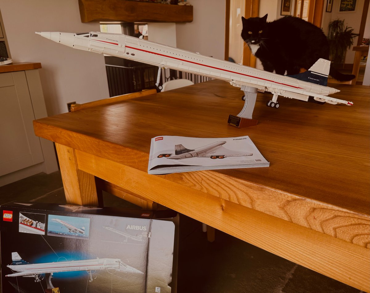 I think Concorde has been the most enjoyable @LEGO_Group kit to build. First commercial flight in 1976, same year I was launched. No bananas, so Vic the cat for scale. @Airbus