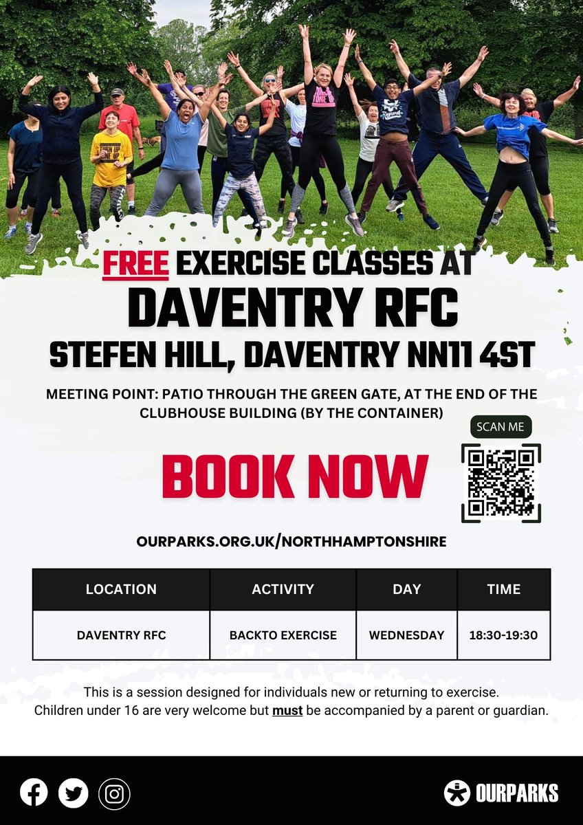 Free exercise classes in Daventry. Daventry RFU is running 'back to exercise' classes every Wednesday from 6.30 - 7.30 pm, specifically designed for individuals who are new or returning to exercise. See the flyer for more details.