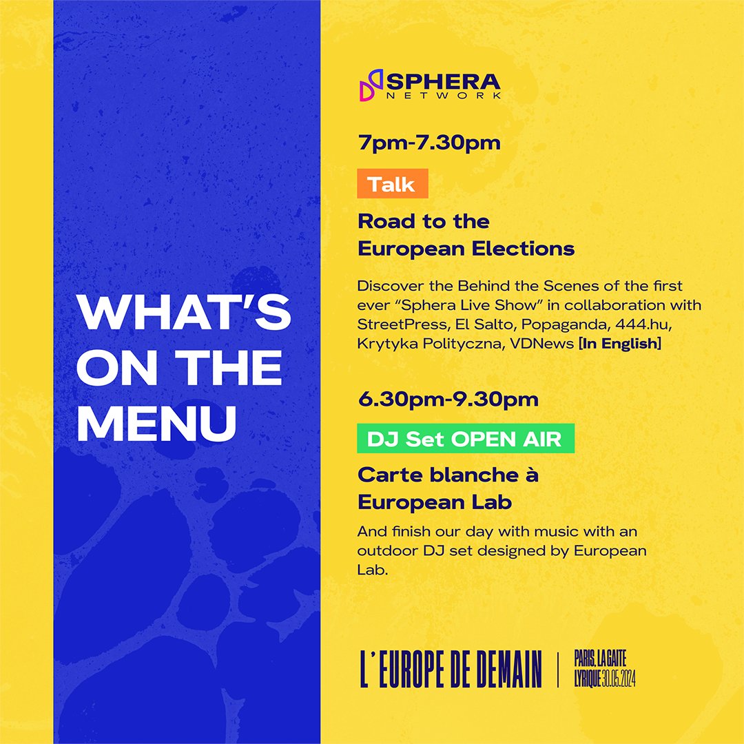 Sphera Network (@spheranetwork) on Twitter photo We are ready! Thrilled to announce the program for "L'Europe de Demain"!
Join us for music, photo exhibitions, videos, talks, and live shows.
Thursday, May 30th, <a href="/gaitelyrique/">La Gaîté Lyrique</a>
Stay tuned for our incredible lineup!
Register here: t.ly/xrmvo We are ready! Thrilled to announce the program for "L'Europe de Demain"!
Join us for music, photo exhibitions, videos, talks, and live shows.
Thursday, May 30th, <a href="/gaitelyrique/">La Gaîté Lyrique</a>
Stay tuned for our incredible lineup!
Register here: t.ly/xrmvo