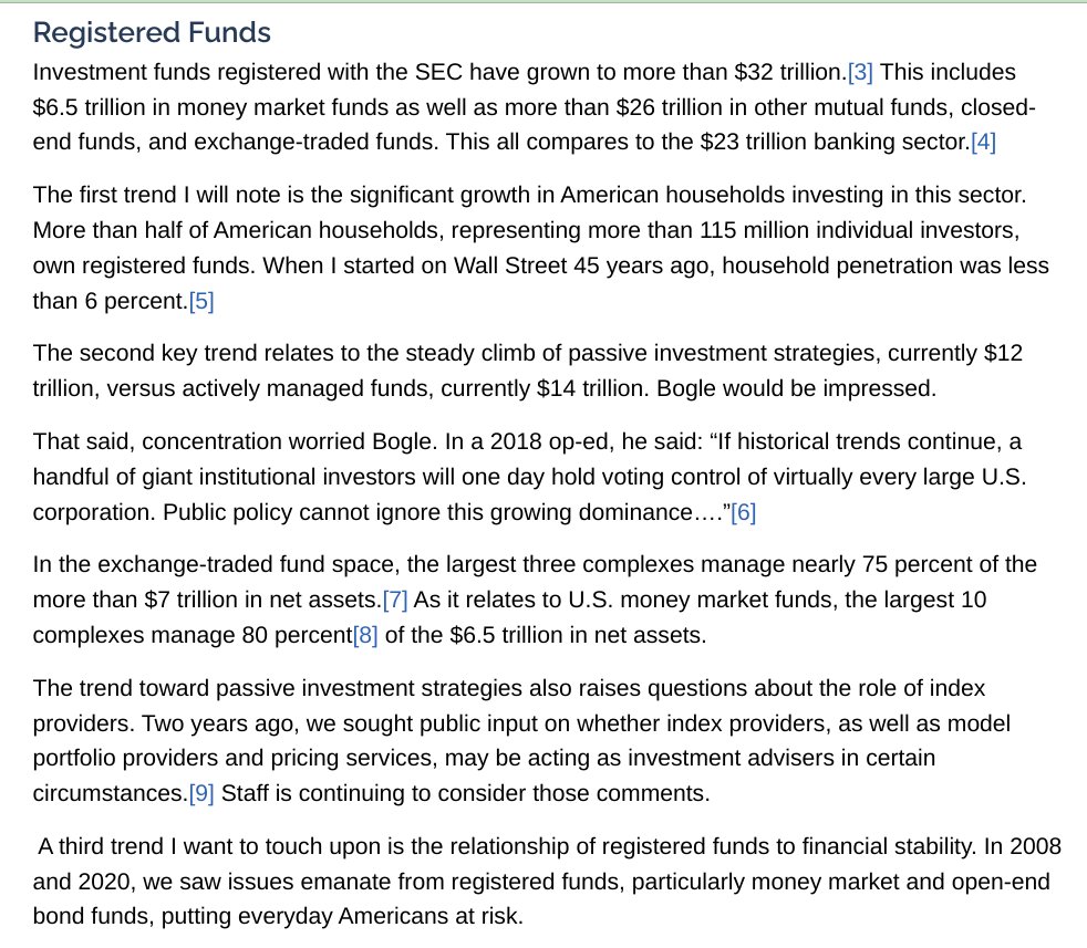 ~ SEC registered investment funds = $32 trillion
~ The entire US banking system = $23 trillion
Excellent speech on investment funds by @GaryGensler 
sec.gov/news/speech/ge…