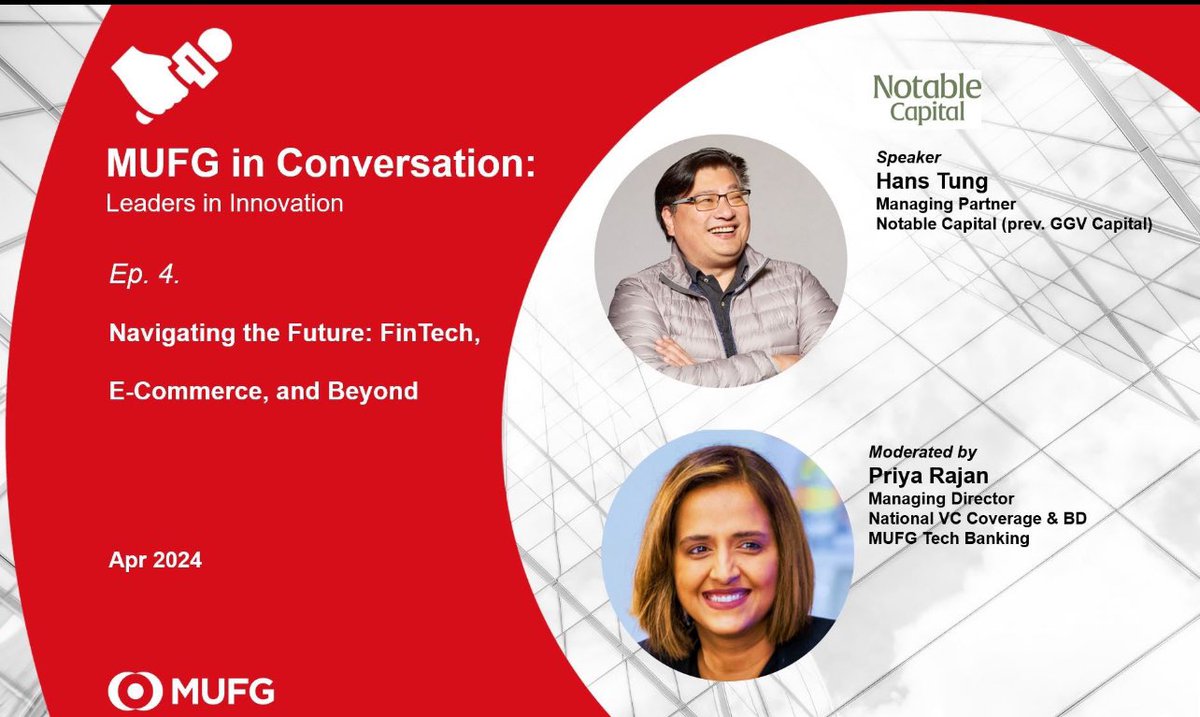 Listen to our next #MUFGinConversation feat. <a href="/hanstung/">Hans Tung</a> Managing Partner of <a href="/notablecap/">Notable Capital</a> . 🚀 💎 
A 13-time Midas List honoree, leading investments in 27+ unicorns incl. <a href="/Airbnb/">Airbnb</a> <a href="/onepeloton/">Peloton</a> <a href="/Poshmarkapp/">Poshmark</a> and more! ➡️ m.youtube.com/watch?v=wHs-EY…