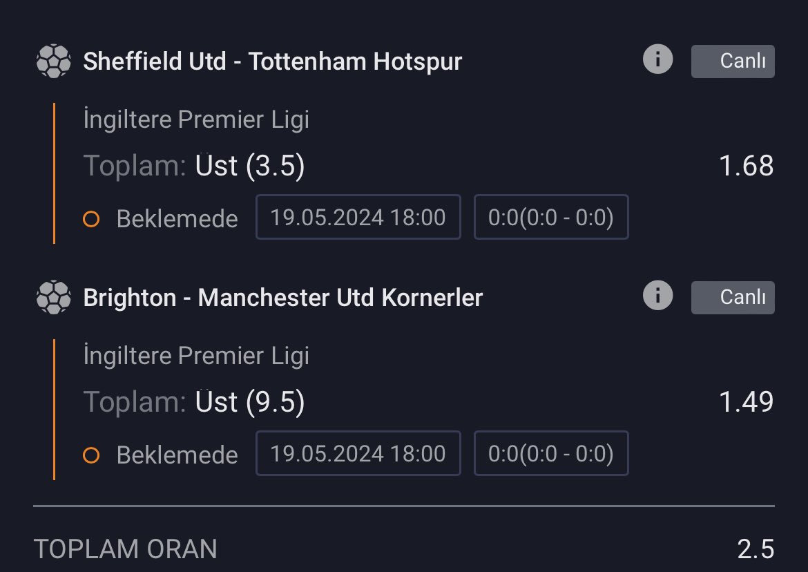 Premier Lig 🏴󠁧󠁢󠁥󠁮󠁧󠁿 2.50 orandan İngiltere için şöyle bir ikili denedim. 7/10 aldım, bol şans.