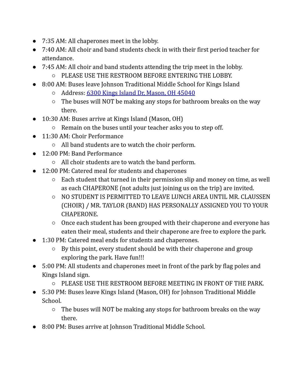 Kings Island Trip Tomorrow! Students, remember to wear your Johnson Choir t-shirt. Bring sunscreen and money (if you plan on purchasing anything).
Please use the restroom in the morning!

#RoarJagsRoar #SingJagsSing #YourVoiceMatters