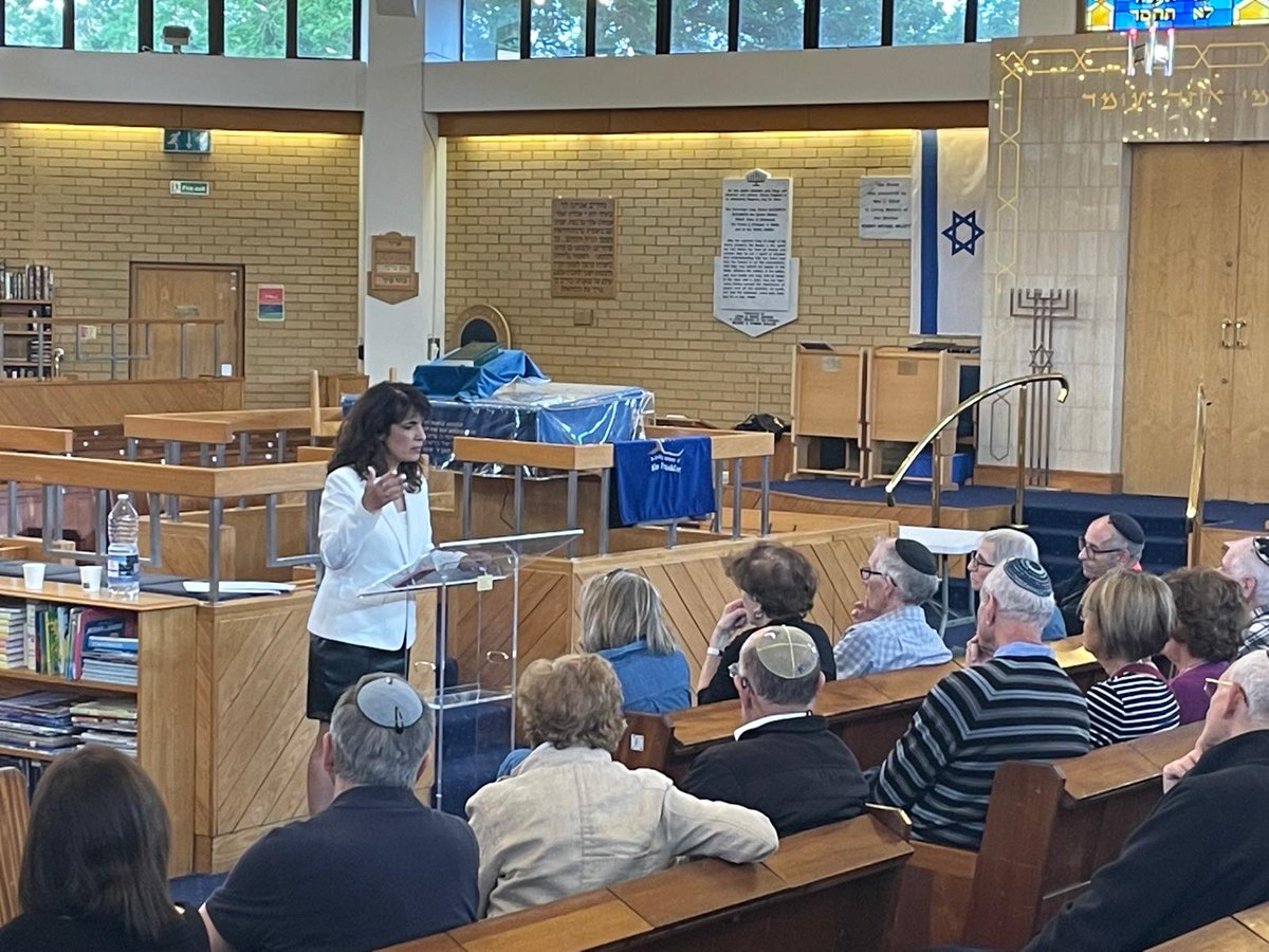 Nitsana Darshan-Leitner speaking at the Borehamwood Synagogue in London as part of the Mizrachi UK United Synagogue weekend. “The October 7 attack did not happen in a vacuum. It was carefully planned and generously financed. Shurat HaDin is working with the security services to