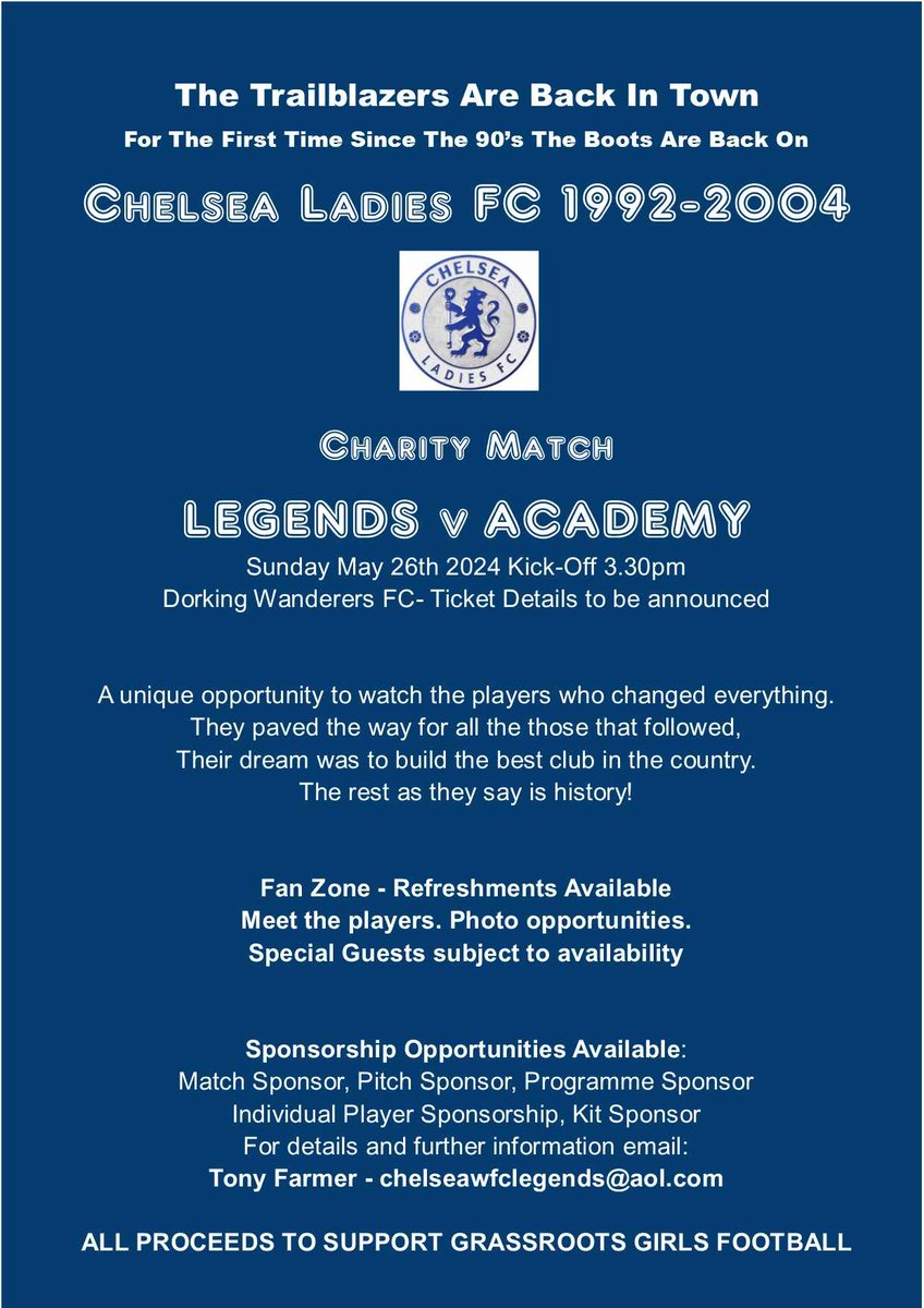 Chelsea Legends at Meadowbank 🤩 🗓️ Sunday 26th May ⏰ 3:30pm kick-off Book your tickets now ✍️ dorkingwanderersfc.ktckts.com/event/cheleg/c…