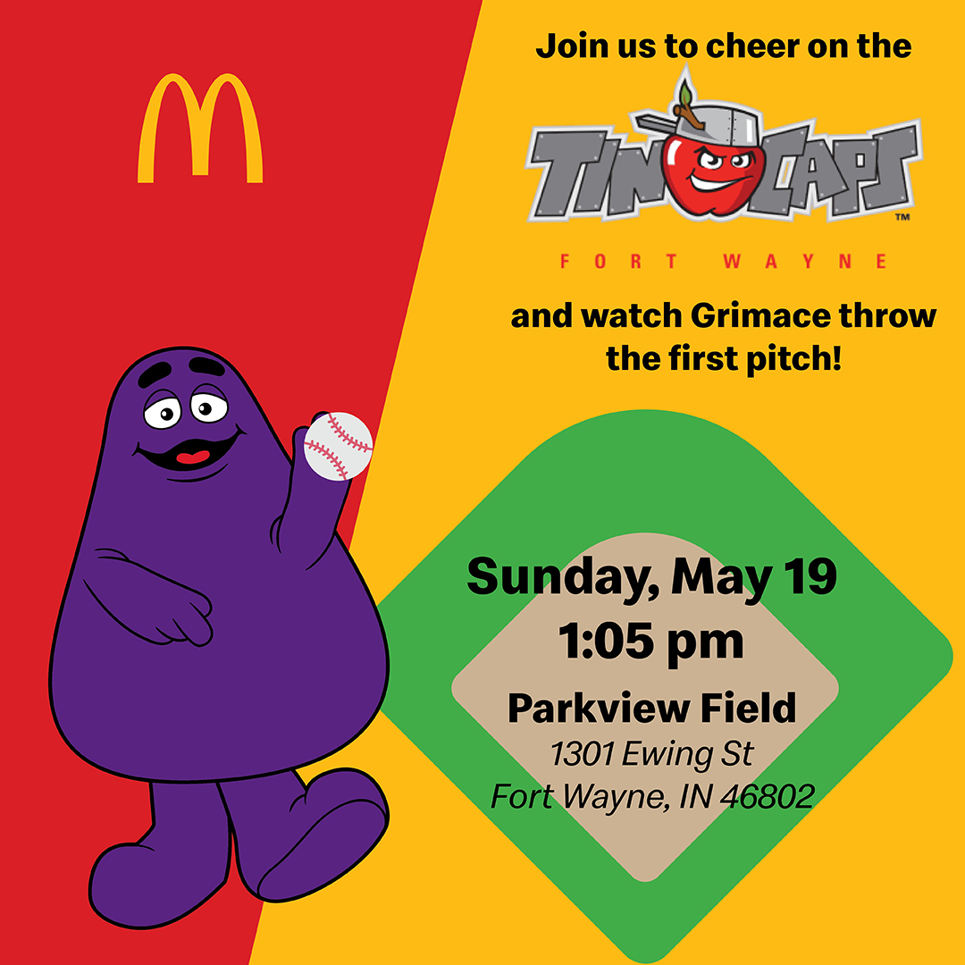 Don't miss Grimace throwing out a first pitch at today's game, thanks to McDonald’s of Greater Indiana!