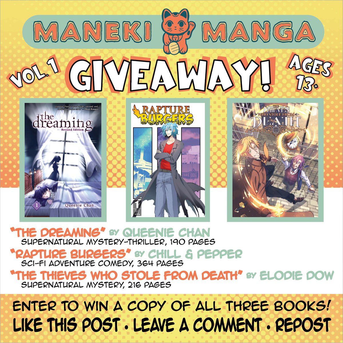 🚨MANGA GIVEAWAY🚨
Welcome, one and all, to the first ever Maneki Manga Giveaway! TWO (2) lucky winners will get this physical bundle of THREE original English-language manga! All you have to do is like, share, and comment on this thread to be entered! International entries OK!