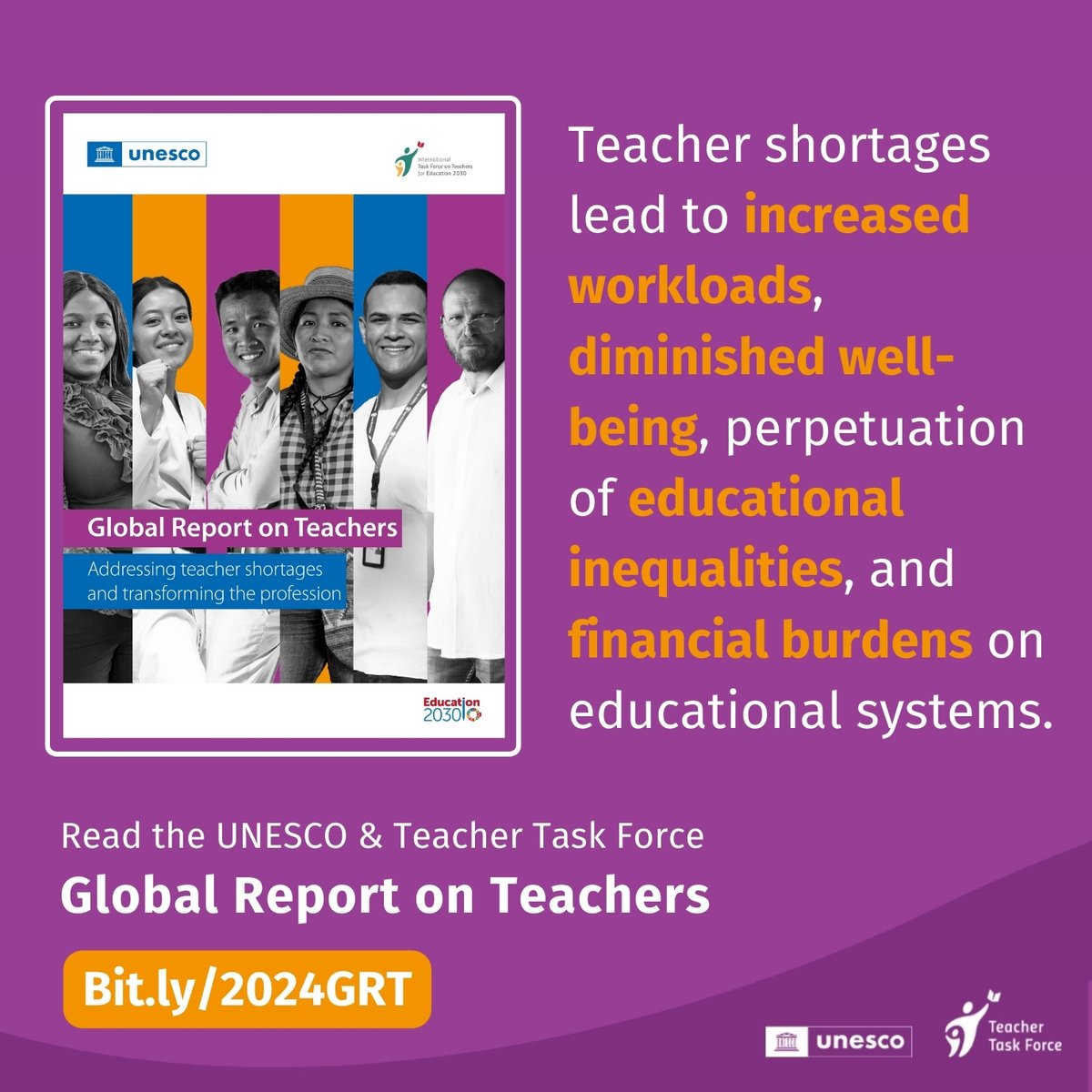 As outlined in the Global Report on Teachers, teacher shortages have far-reaching consequences: increased workloads, diminished well-being & perpetuation of educational inequalities. Let's work to mitigate these impacts. Read the report: bit.ly/2024GRT #InvestInTeachers