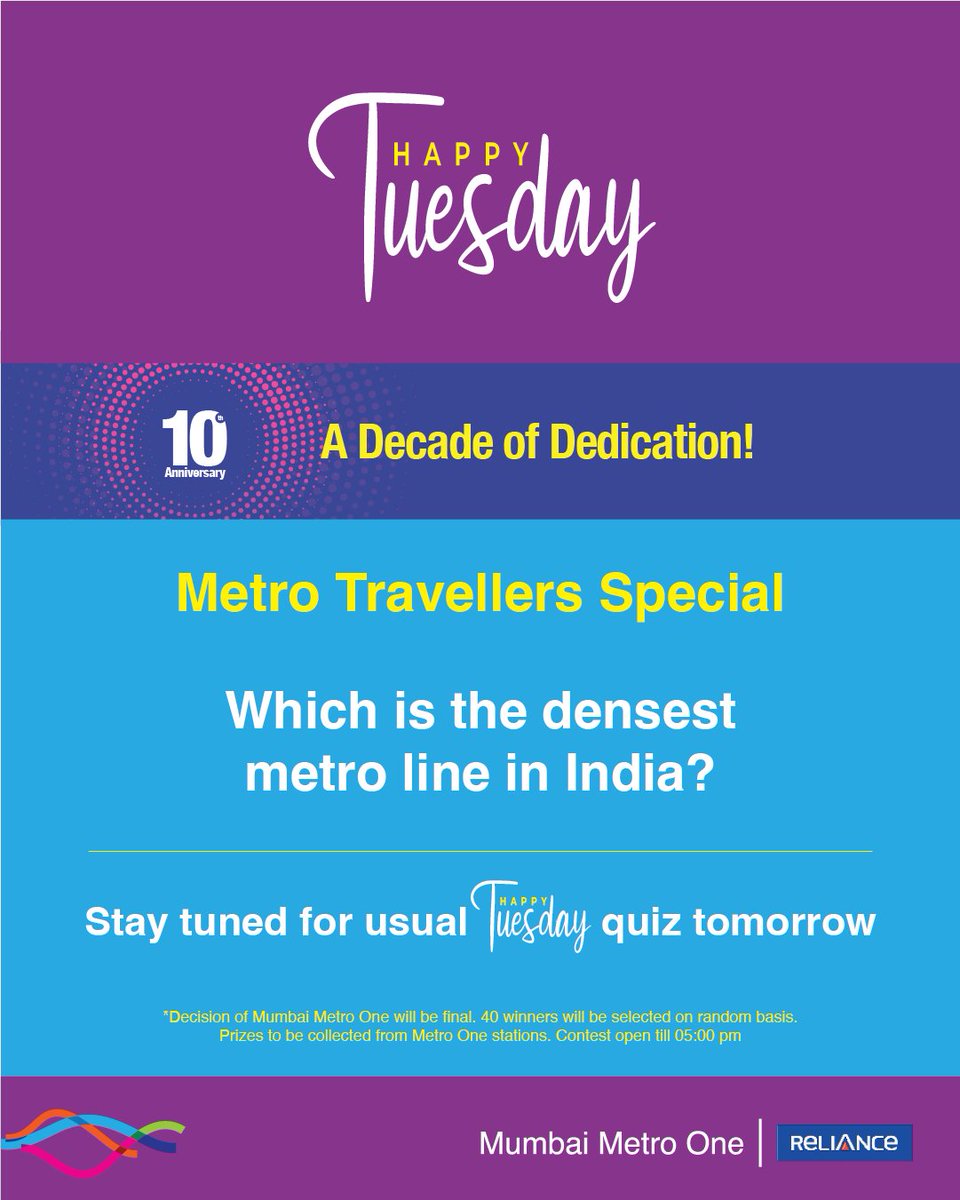#HappyTuesday on Monday! #MetroOneAnniversary contest is here. Participate in our exclusive quiz for metro travellers* and stand a chance to win goodies. *winners to collect their goodies from the nearest Metro One station. #QuizTime #RideAndWin #Contestalert #MumbaiMetro